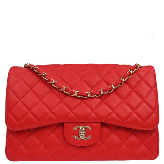 Chanel Red Lambskin Jumbo Classic Double Flap Shoulder Bag
