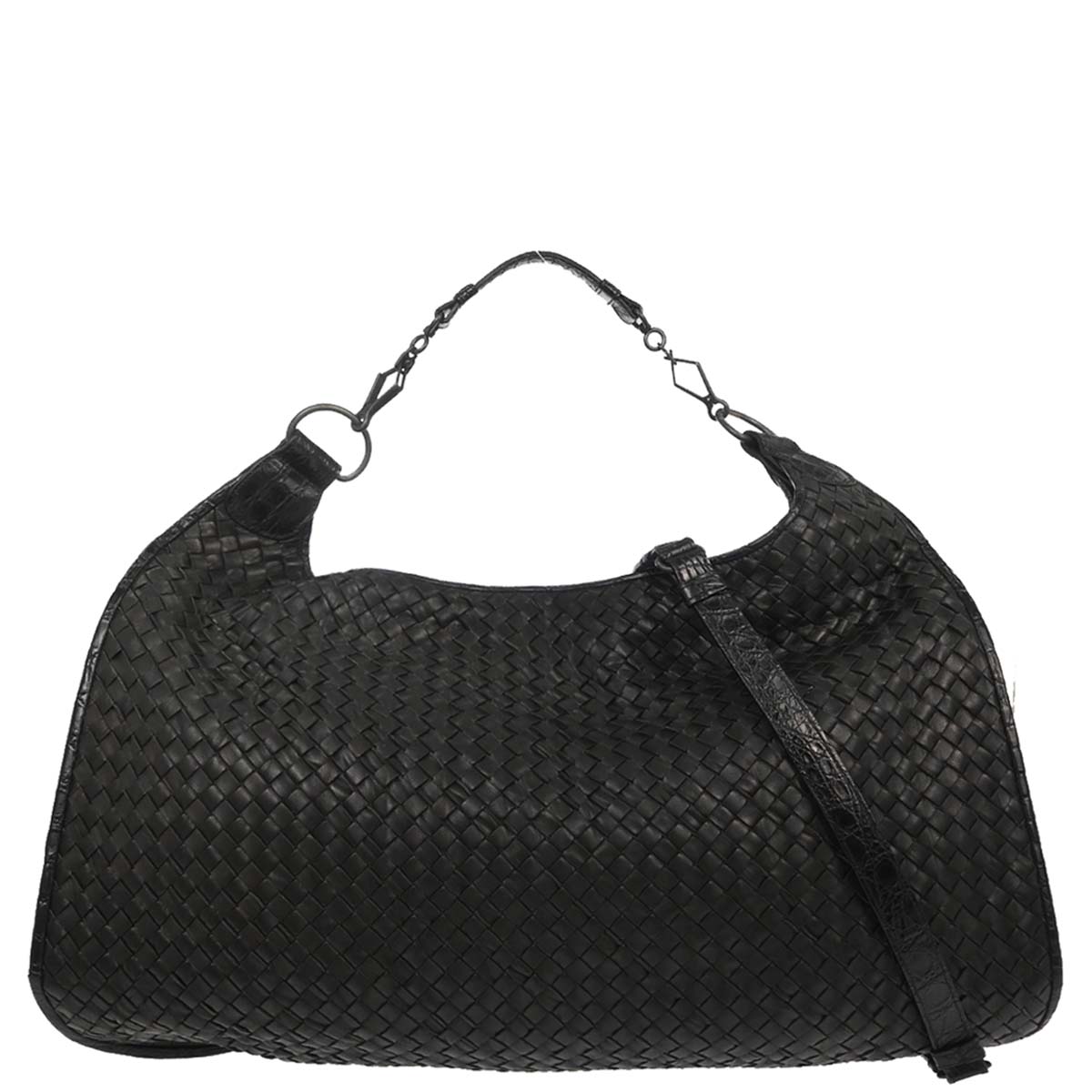 Bottega Veneta * Black Lambskin Crocodile Intrecciato 2way Hobo Handbag