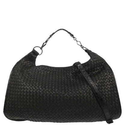 Bottega Veneta * Black Lambskin Crocodile Intrecciato 2way Hobo Handbag