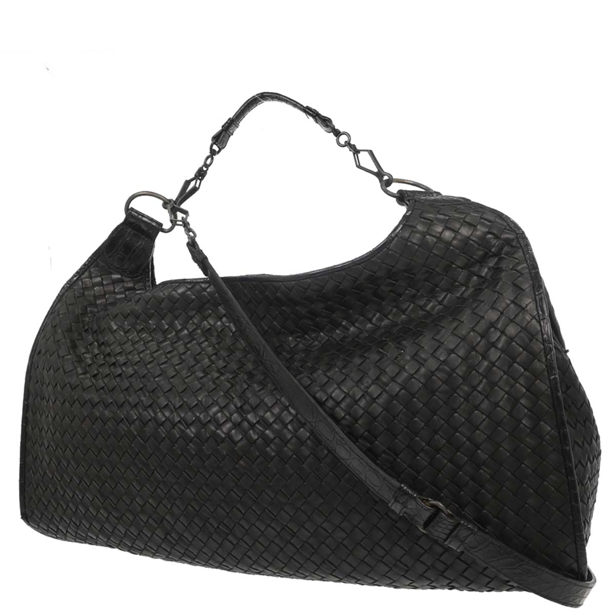 Bottega Veneta * Black Lambskin Crocodile Intrecciato 2way Hobo Handbag