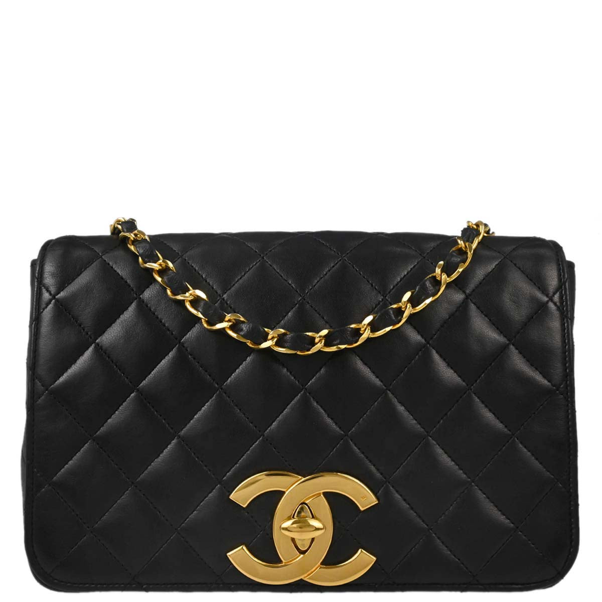 Chanel Black Lambskin Turnlock Full Flap Shoulder Bag