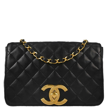 Chanel Black Lambskin Turnlock Full Flap Shoulder Bag