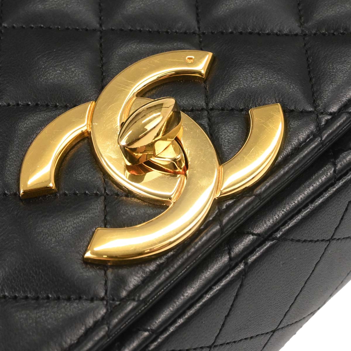 Chanel Black Lambskin Turnlock Full Flap Shoulder Bag