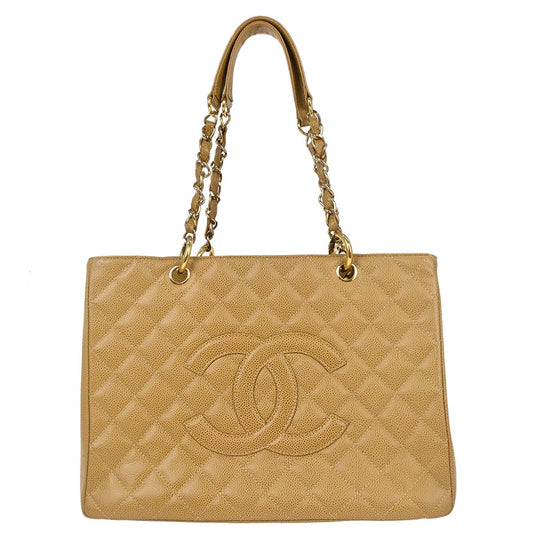 Chanel Beige Caviar Skin Grand Shopping Tote GST Chain Handbag