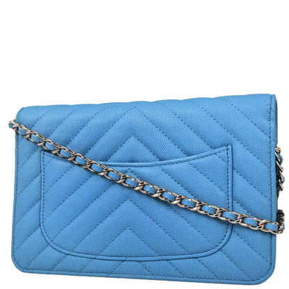 Chanel 2019 Blue Caviar Skin Chevron Classic WOC Wallet on Chain Bag