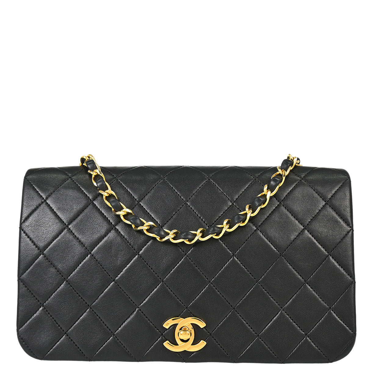 Chanel 1989-1991 Black Lambskin Turnlock Small Full Flap Shoulder Bag