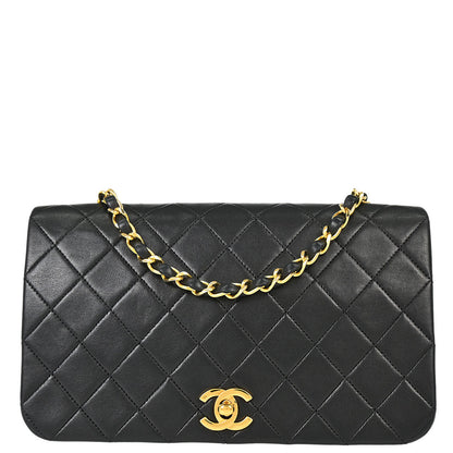 Chanel 1989-1991 Black Lambskin Turnlock Small Full Flap Shoulder Bag