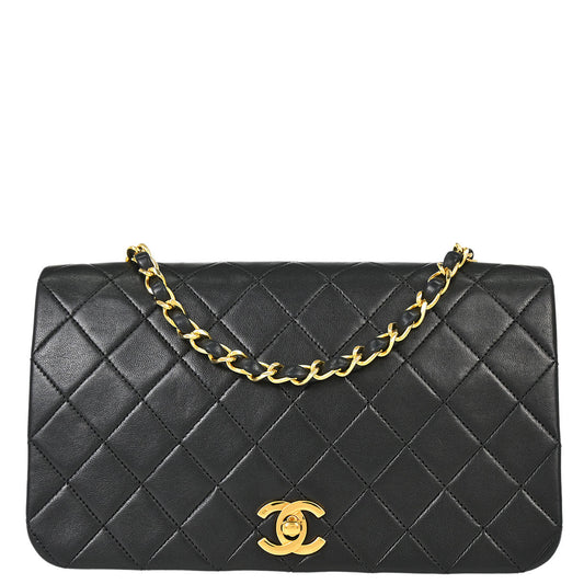 Chanel 1989-1991 Black Lambskin Turnlock Small Full Flap Shoulder Bag