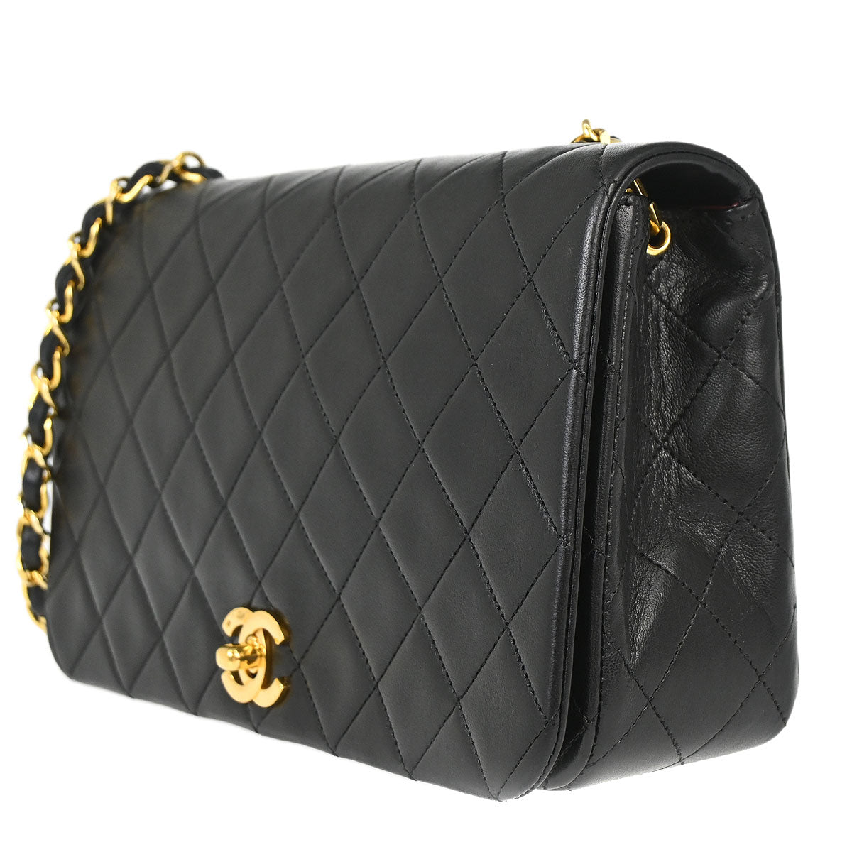 Chanel 1989-1991 Black Lambskin Turnlock Small Full Flap Shoulder Bag