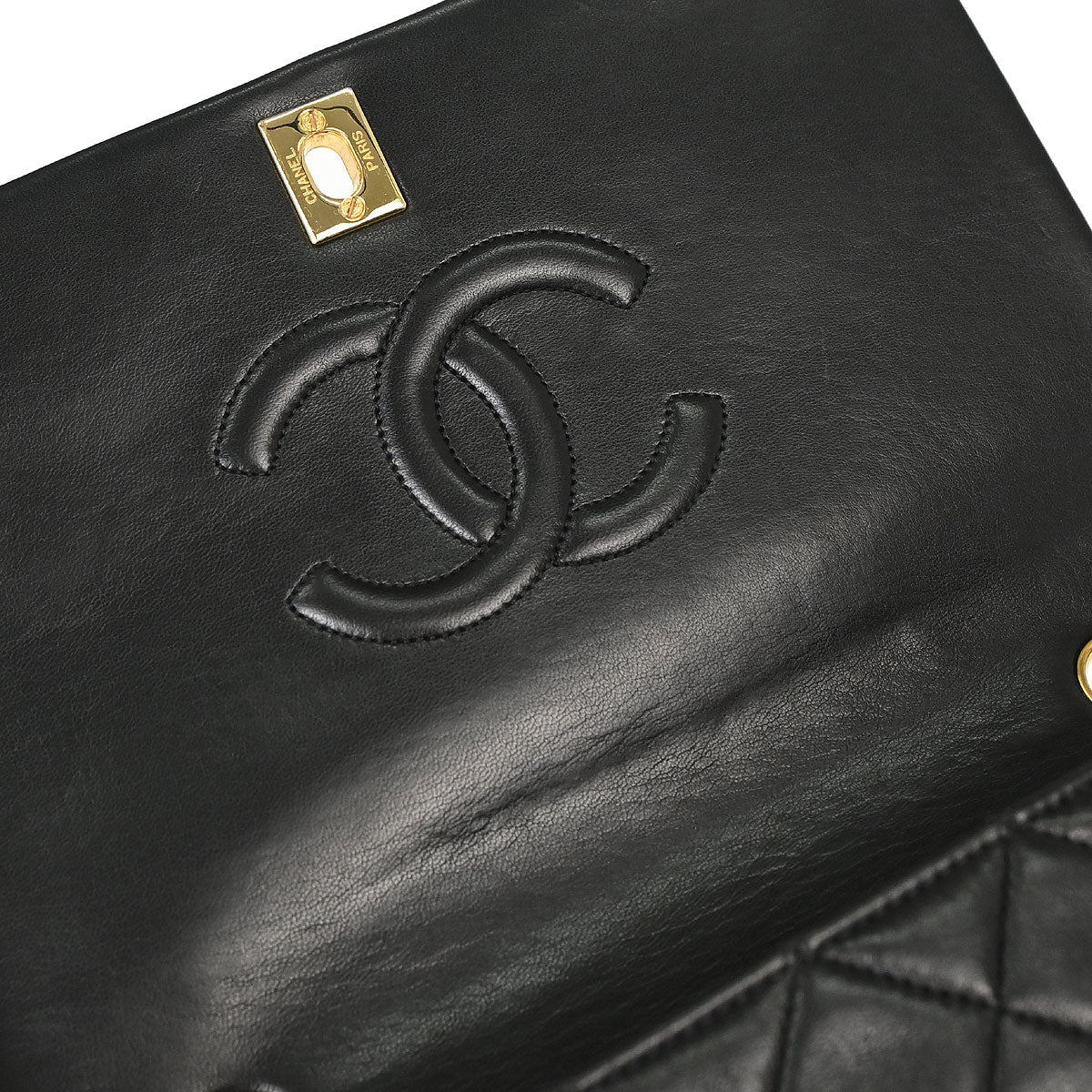 Chanel 1989-1991 Black Lambskin Turnlock Small Full Flap Shoulder Bag