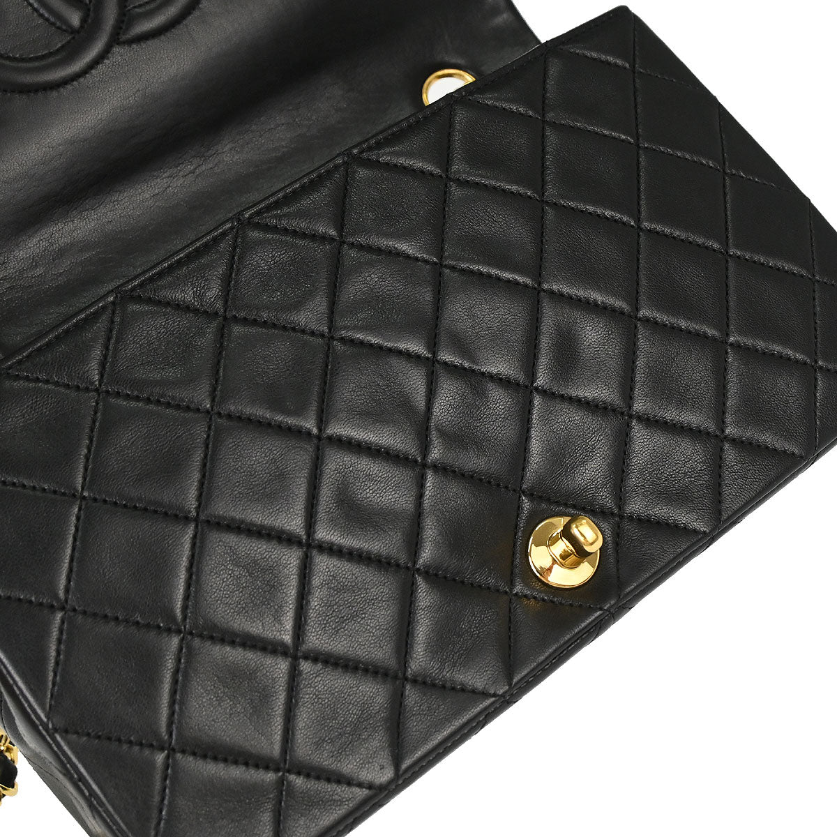 Chanel 1989-1991 Black Lambskin Turnlock Small Full Flap Shoulder Bag