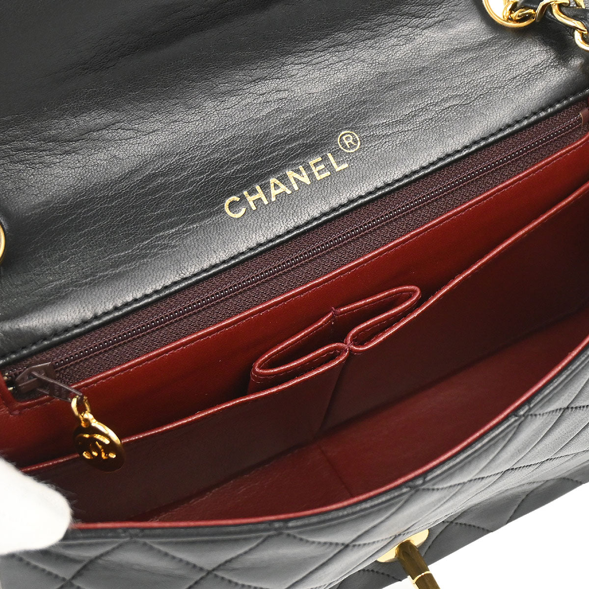 Chanel 1989-1991 Black Lambskin Turnlock Small Full Flap Shoulder Bag