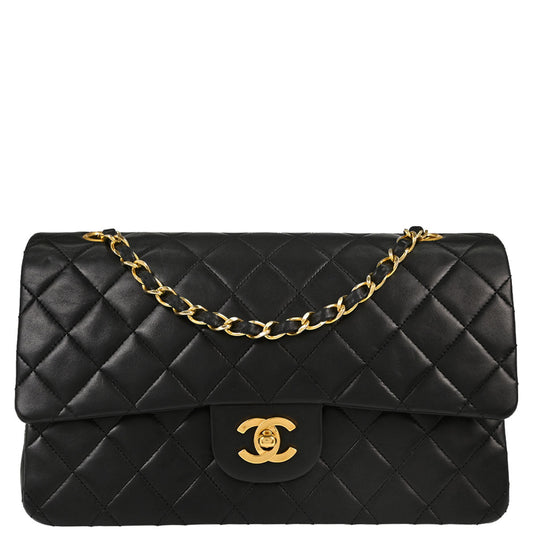Chanel 1989-1991 Black Lambskin Medium Classic Double Flap Shoulder Bag