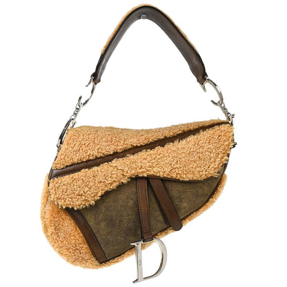Christian Dior Brown Shearling Lambskin Saddle Handbag