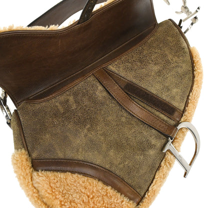 Christian Dior Brown Shearling Lambskin Saddle Handbag
