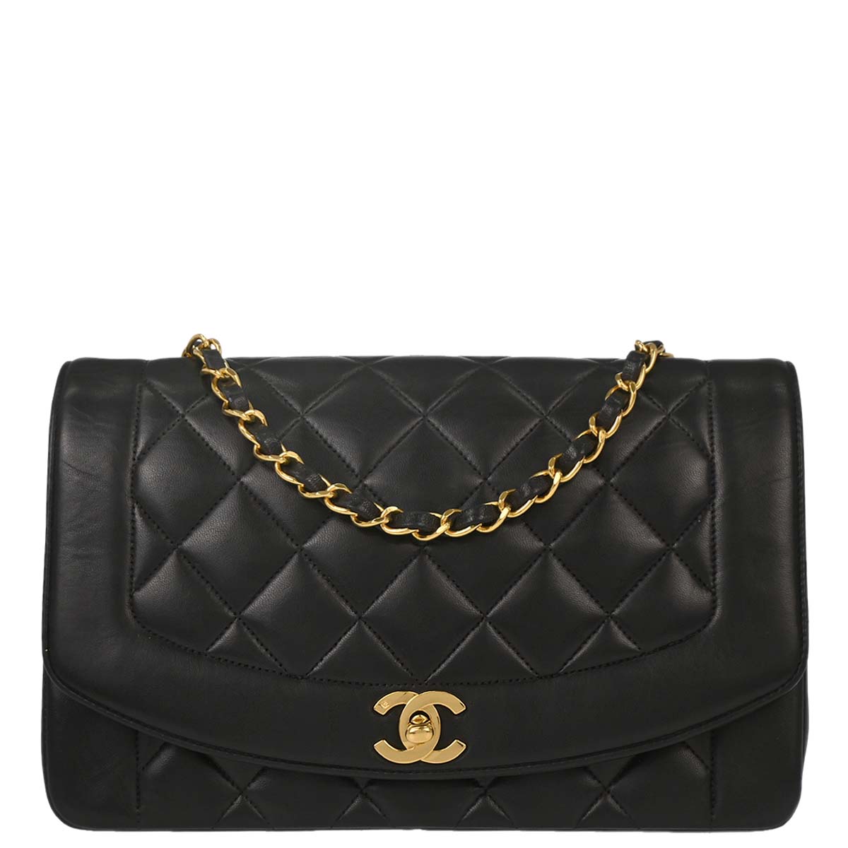Chanel 1991-1994 Black Lambskin Medium Diana Shoulder Bag