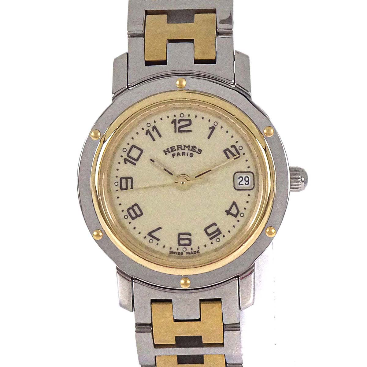 Hermes Ref.CL4.220 Clipper Date 24mm Quartz Watch SS Gold Plated