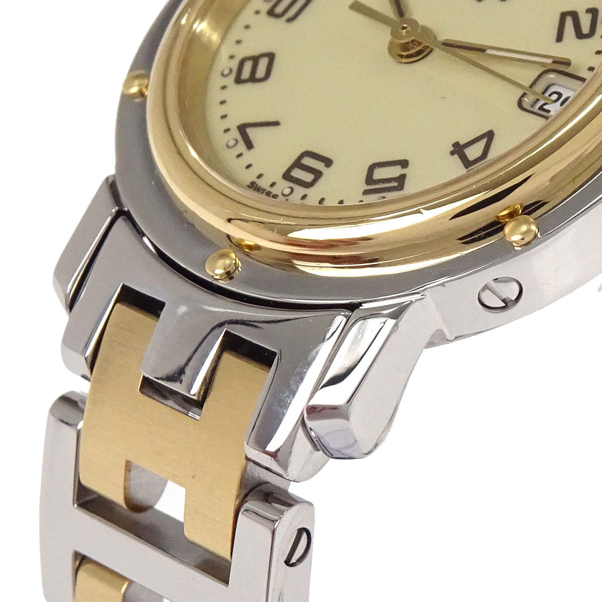 Hermes Ref.CL4.220 Clipper Date 24mm Quartz Watch SS Gold Plated