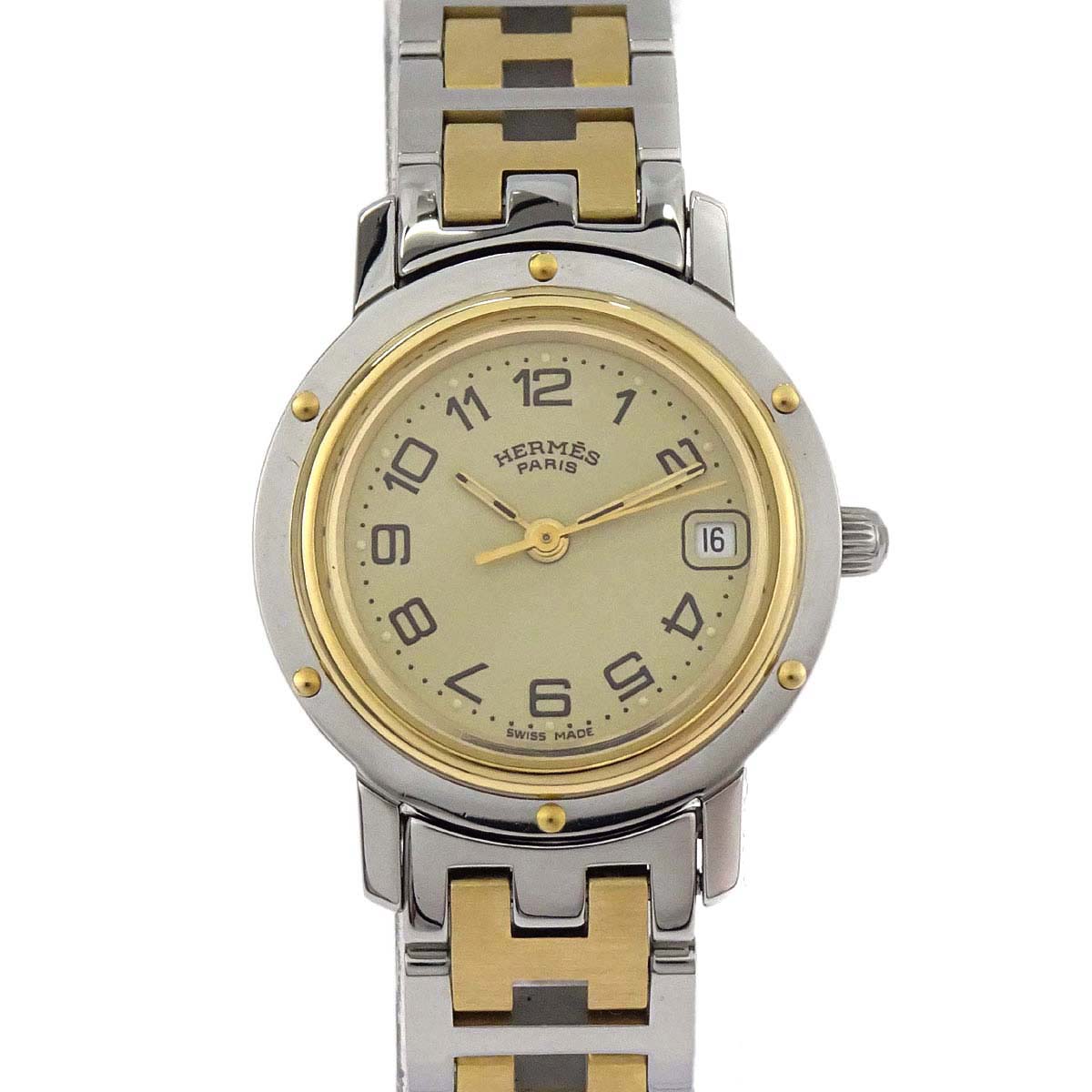 Hermes Ref.CL4.220 Clipper Date 24mm Quartz Watch SS Gold Plated