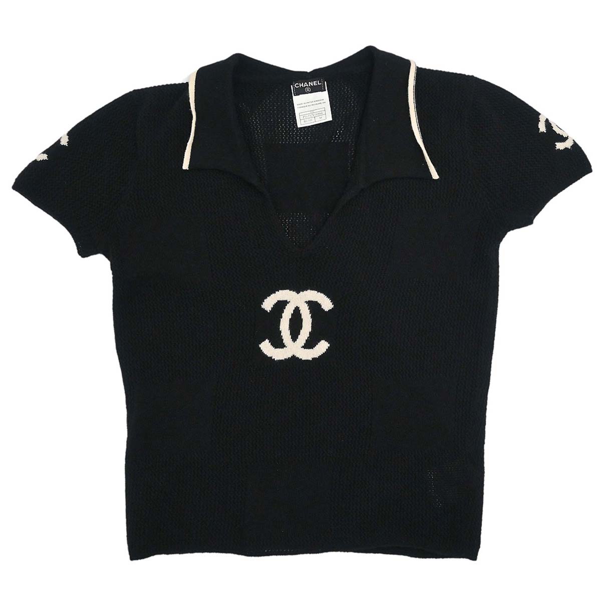 Chanel 2001 Short Sleeve Sweater Knit Top Black #38