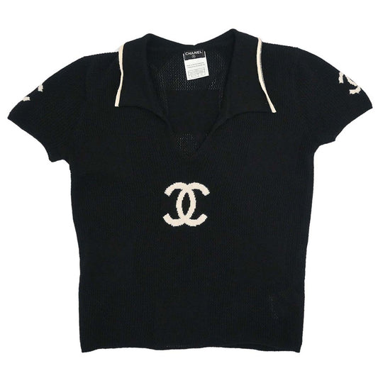Chanel 2001 Short Sleeve Sweater Knit Top Black #38