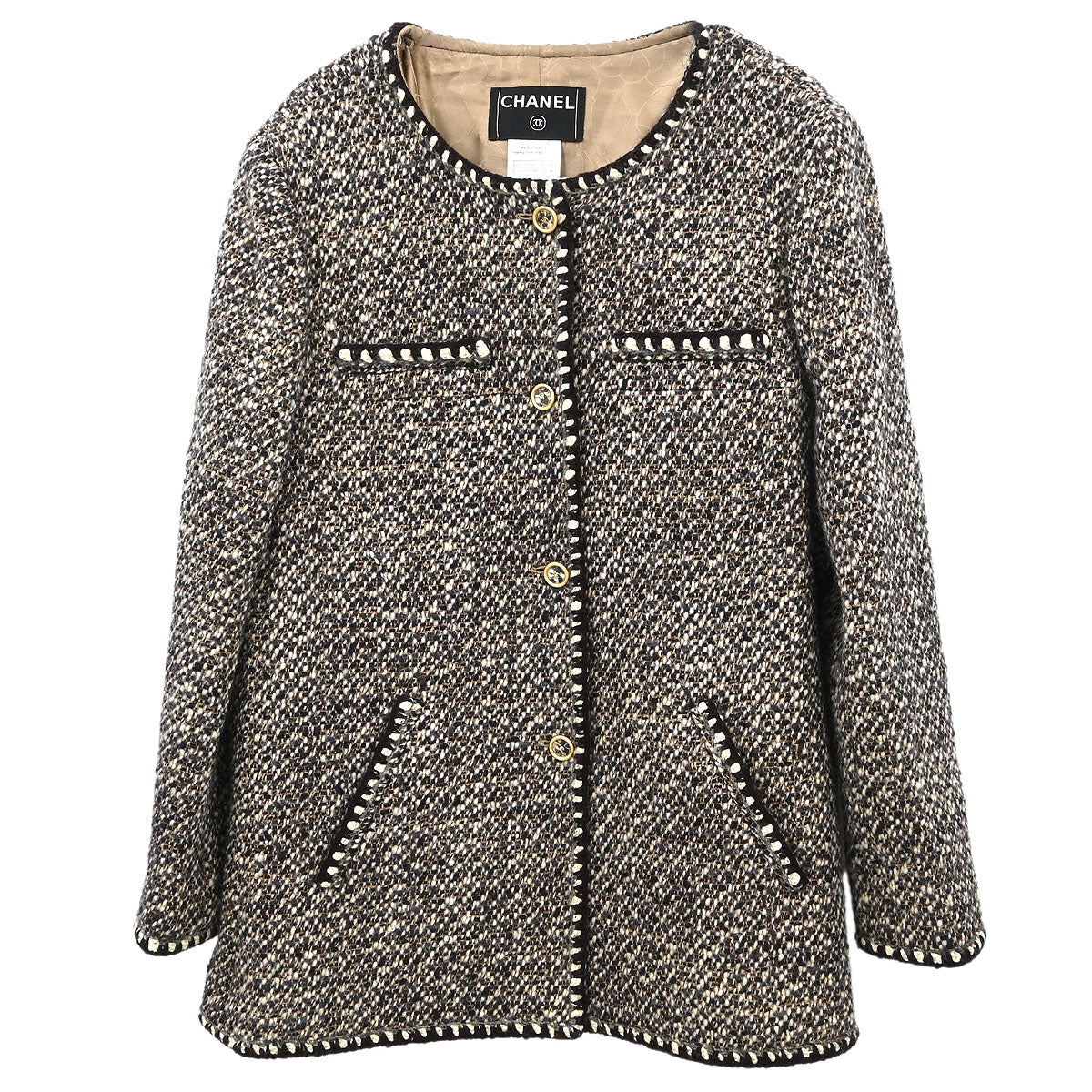 Chanel 2001 Collarless Jacket Tweed Brown #44