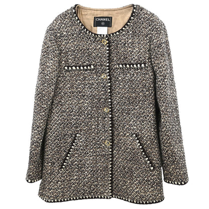 Chanel 2001 Collarless Jacket Tweed Brown #44