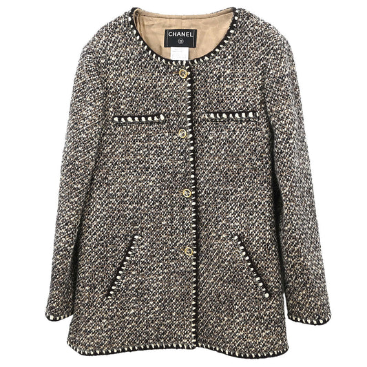 Chanel 2001 Collarless Jacket Tweed Brown #44