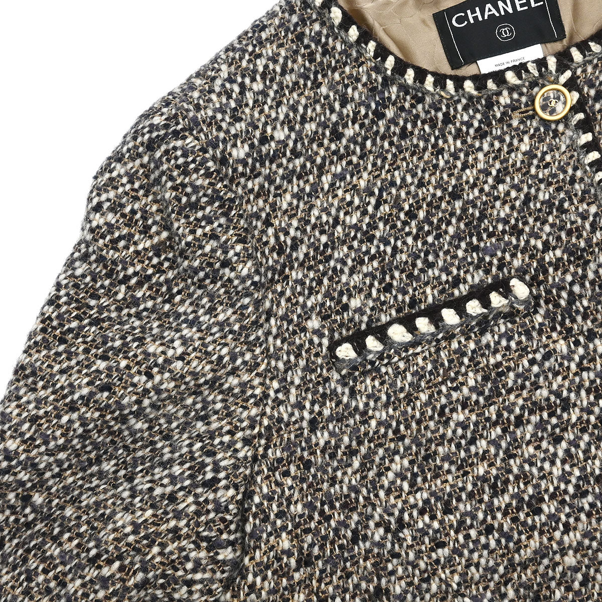 Chanel 2001 Collarless Jacket Tweed Brown #44