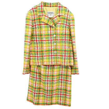 Chanel 1997 Setup Suit Jacket Skirt Tweed Check Yellow-green #40