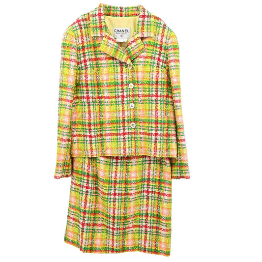 Chanel 1997 Setup Suit Jacket Skirt Tweed Check Yellow-green #40