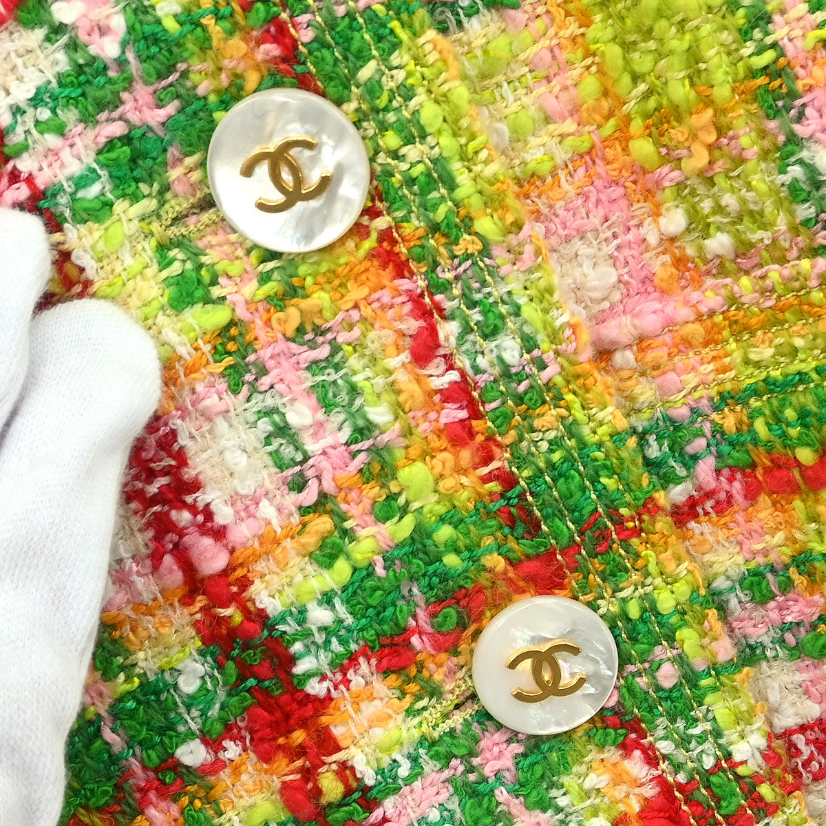 Chanel 1997 Setup Suit Jacket Skirt Tweed Check Yellow-green #40