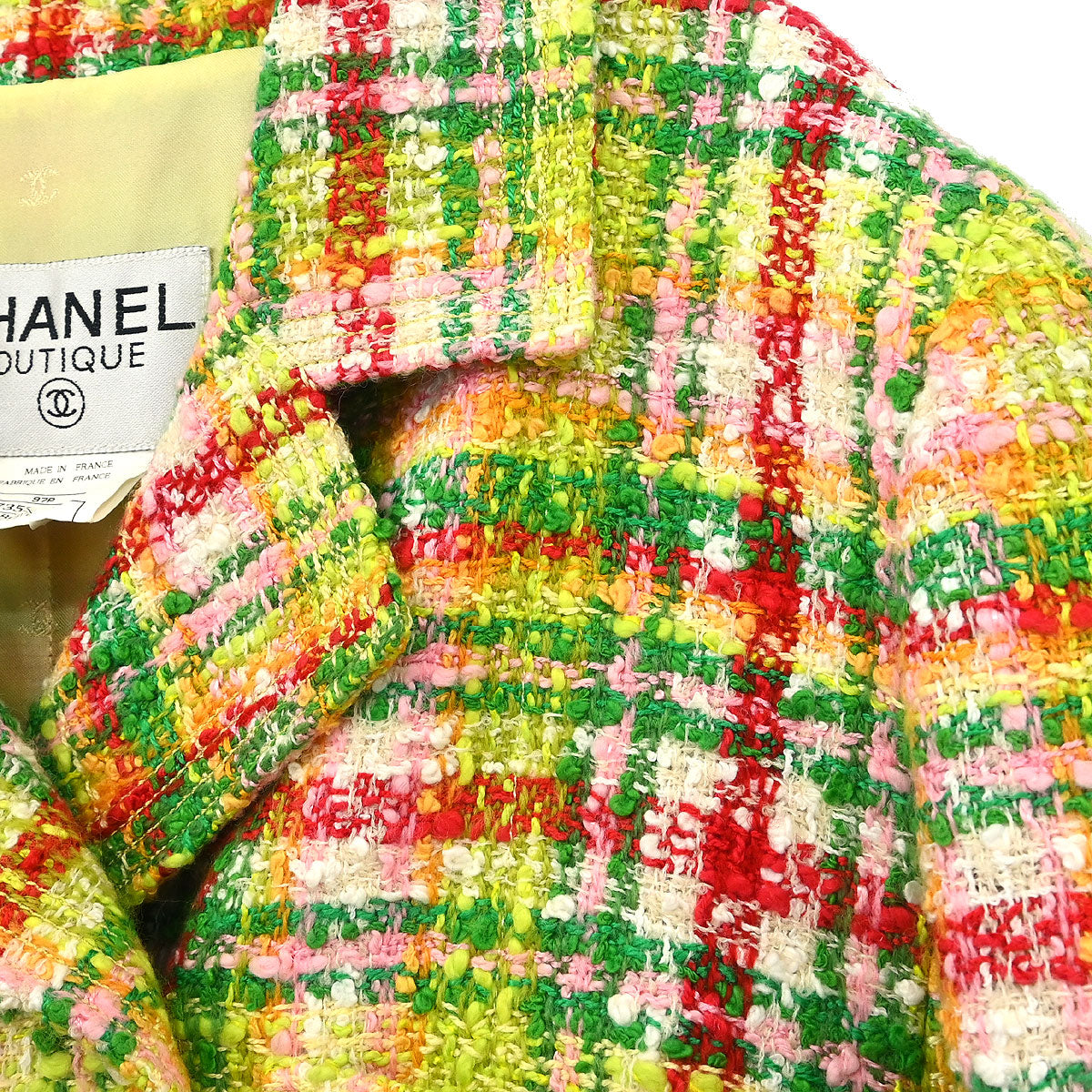 Chanel 1997 Setup Suit Jacket Skirt Tweed Check Yellow-green #40