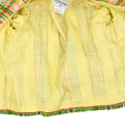 Chanel 1997 Setup Suit Jacket Skirt Tweed Check Yellow-green #40