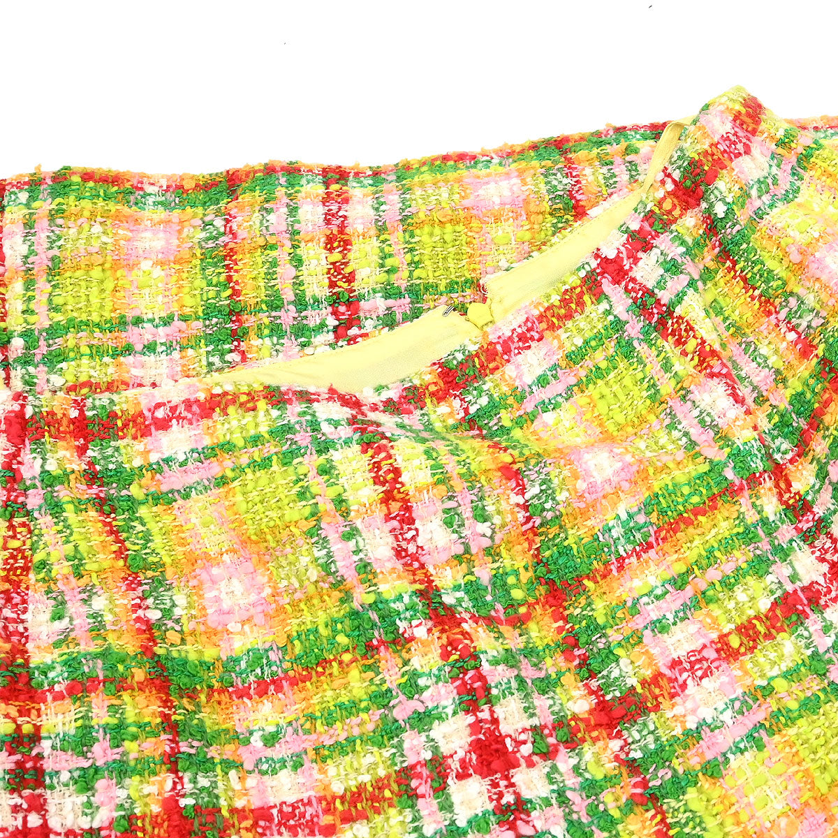Chanel 1997 Setup Suit Jacket Skirt Tweed Check Yellow-green #40