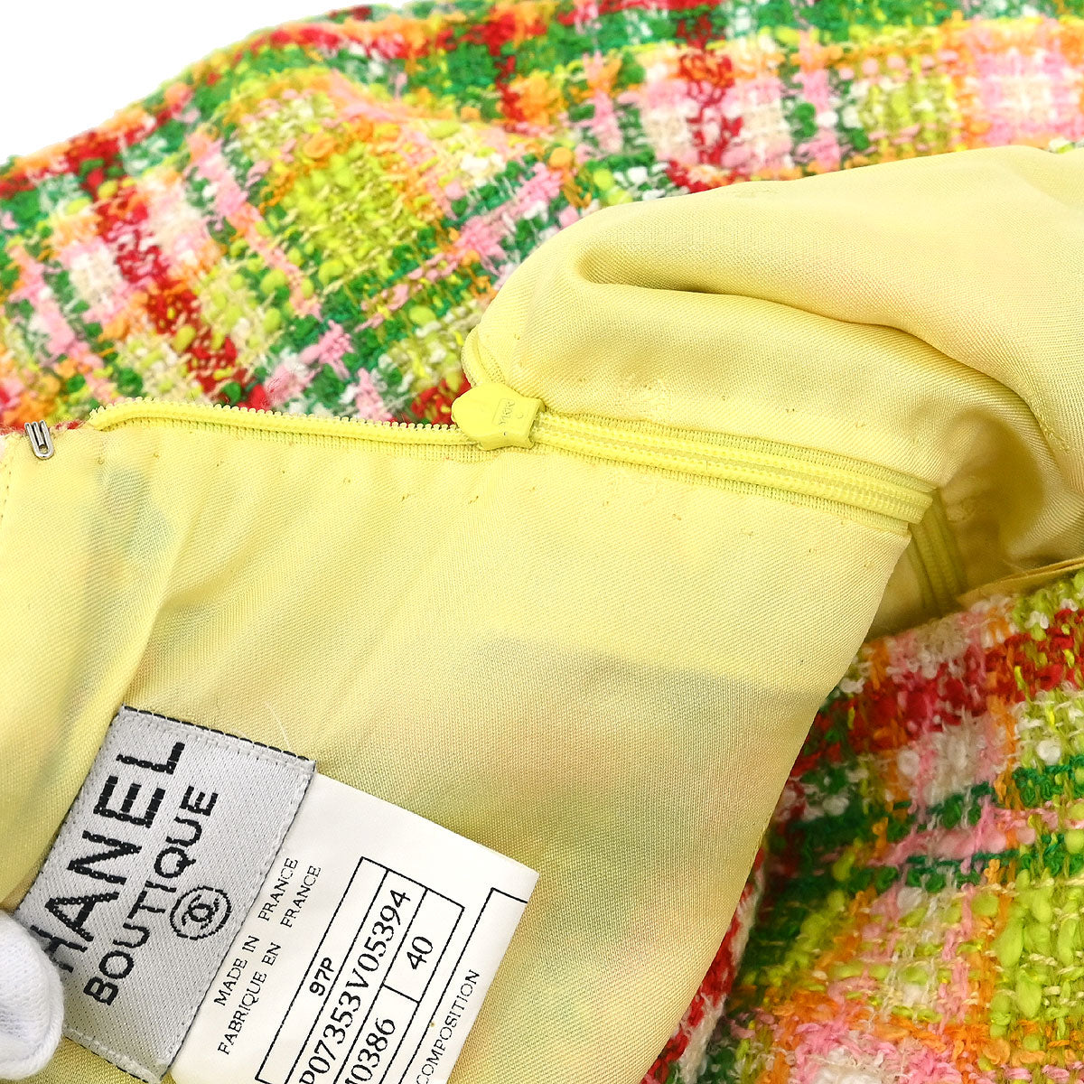 Chanel 1997 Setup Suit Jacket Skirt Tweed Check Yellow-green #40