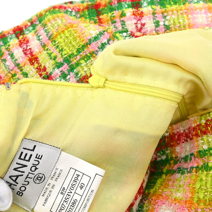 Chanel 1997 Setup Suit Jacket Skirt Tweed Check Yellow-green #40