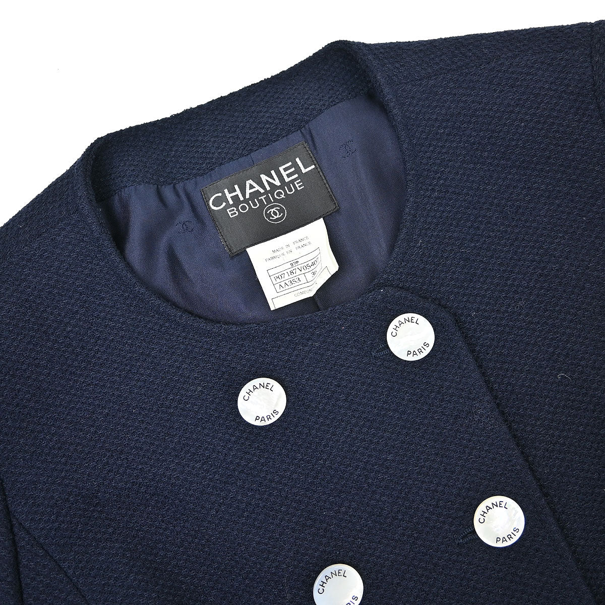 Chanel 1997 Double Breasted Collarless Jacket Navy #36