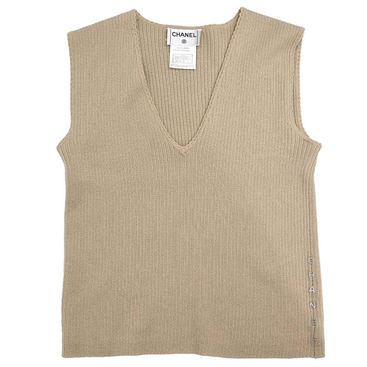 Chanel 1999 Sleeveless Vest Knit Top Beige #38