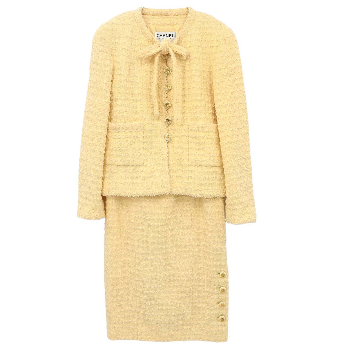 Chanel 1993 Setup Suit Jacket Skirt Tweed Yellow #38