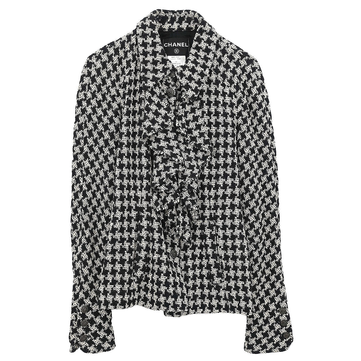 Chanel 2009 Single Breasted Houndstooth Jacket Tweed Black #38