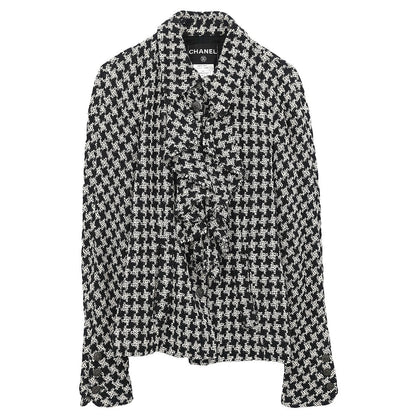 Chanel 2009 Single Breasted Houndstooth Jacket Tweed Black #38