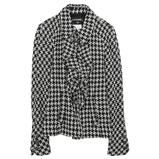 Chanel 2009 Single Breasted Houndstooth Jacket Tweed Black #38