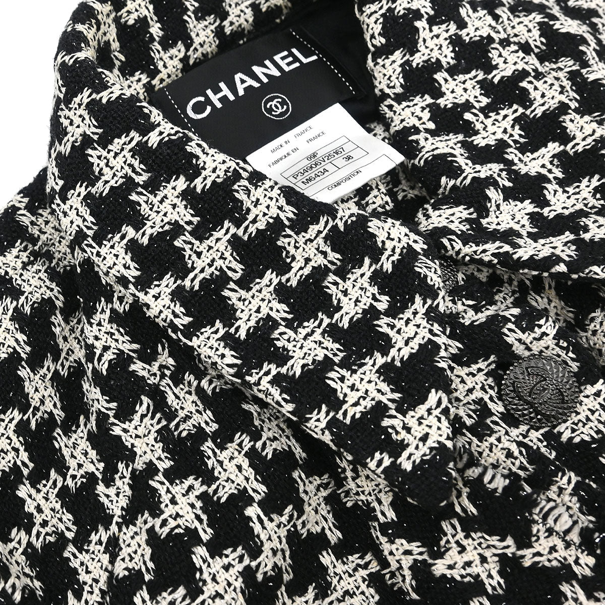 Chanel 2009 Single Breasted Houndstooth Jacket Tweed Black #38