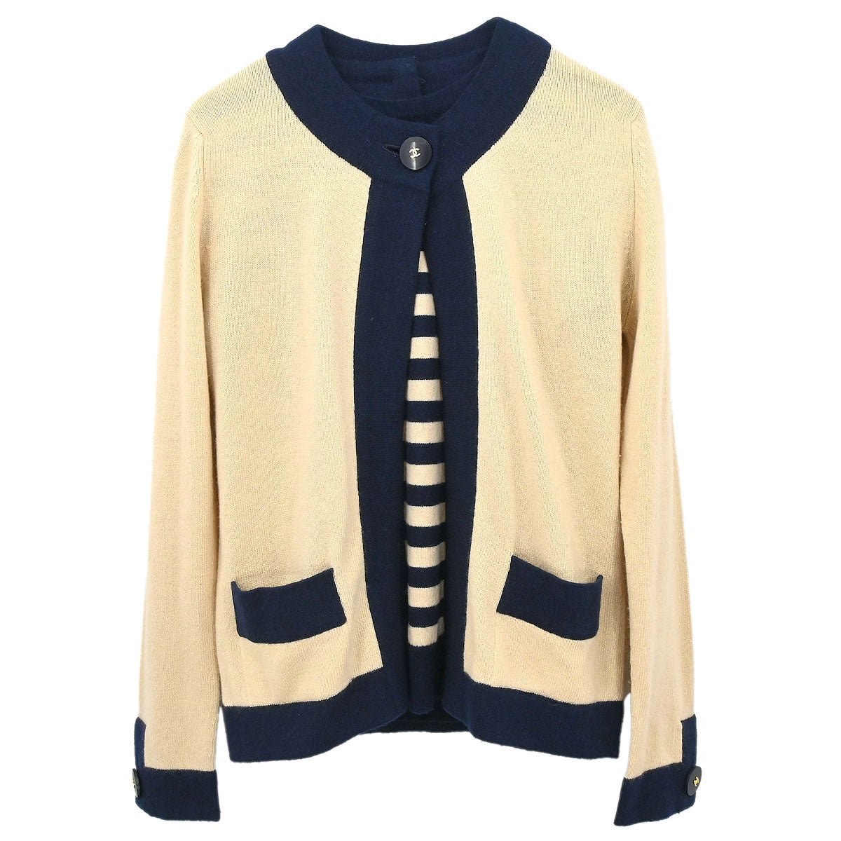 Chanel 1997 Set Cardigan Striped Top Beige #40