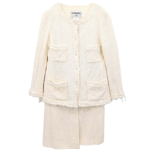 Chanel 2004 Setup Suit Jacket Skirt White Tweed #40 #42