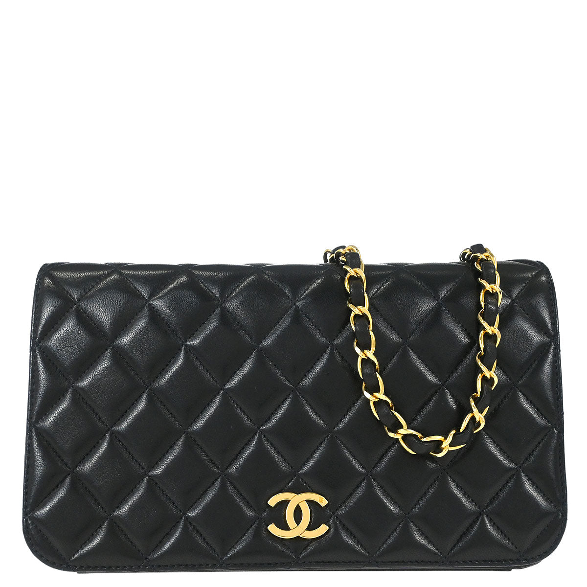 Chanel 1996-1997 Black Lambskin Pushlock Small Full Flap Shoulder Bag