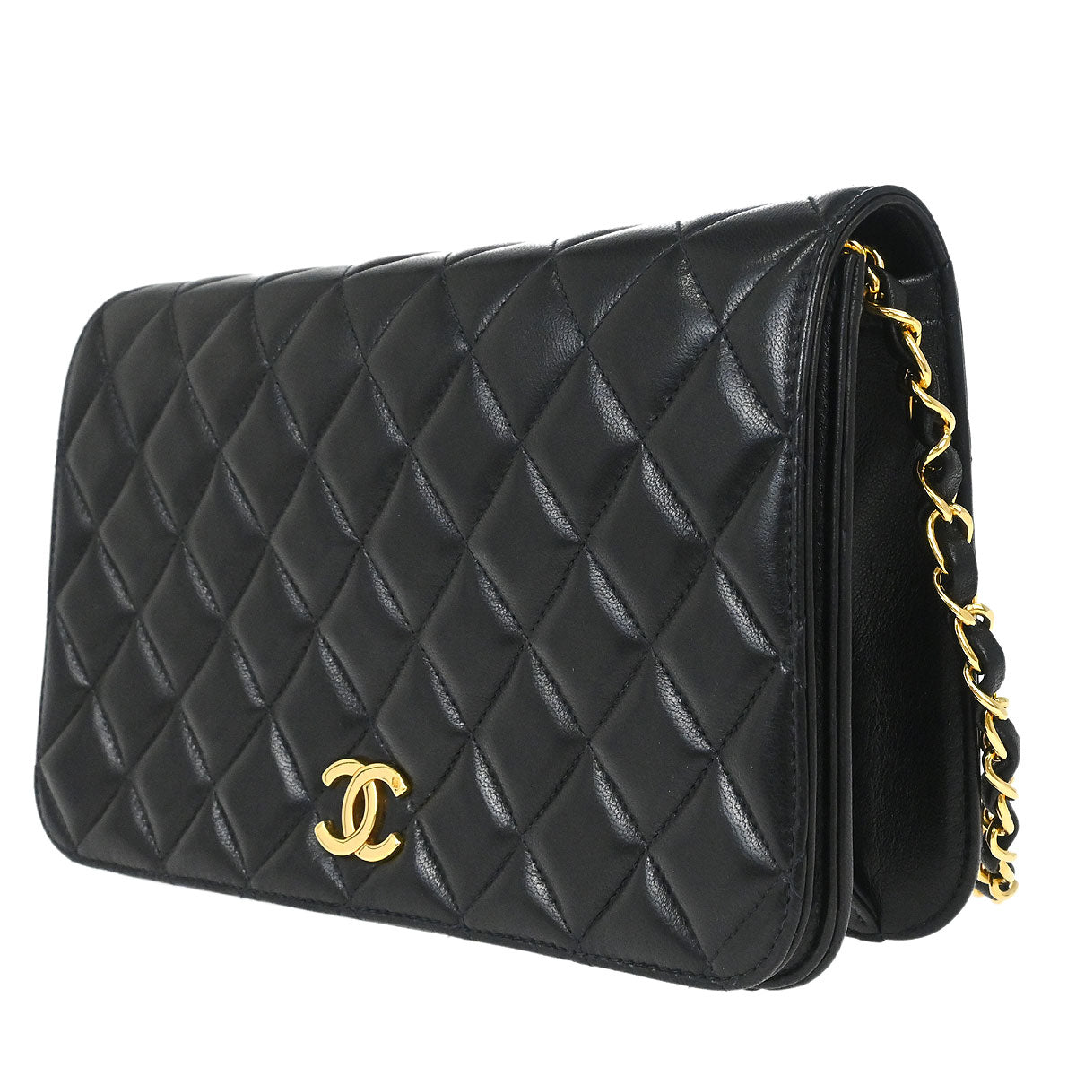 Chanel 1996-1997 Black Lambskin Pushlock Small Full Flap Shoulder Bag