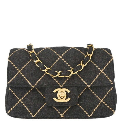 Chanel Gray Wool Mini Classic Square Flap Shoulder Bag