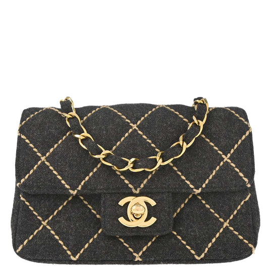 Chanel Gray Wool Mini Classic Square Flap Shoulder Bag